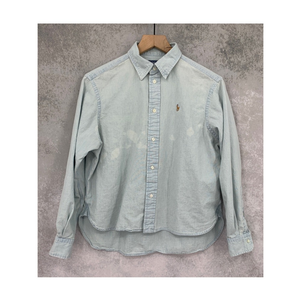 Polo Ralph Lauren Shirt Womens XS Blue Cropped Boxy Chambray Faded Distressed